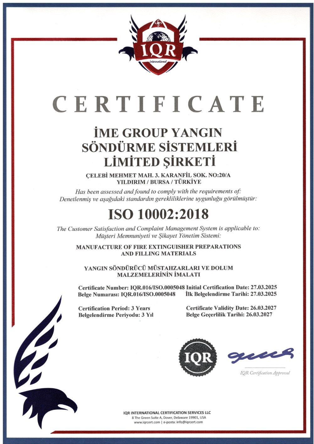 Ime Group Iso 10002 — Bursa Yangın belgesi