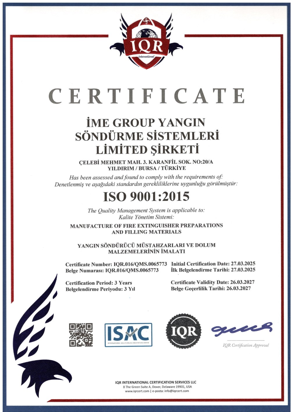 Ime Group Iso 9001 — Bursa Yangın belgesi